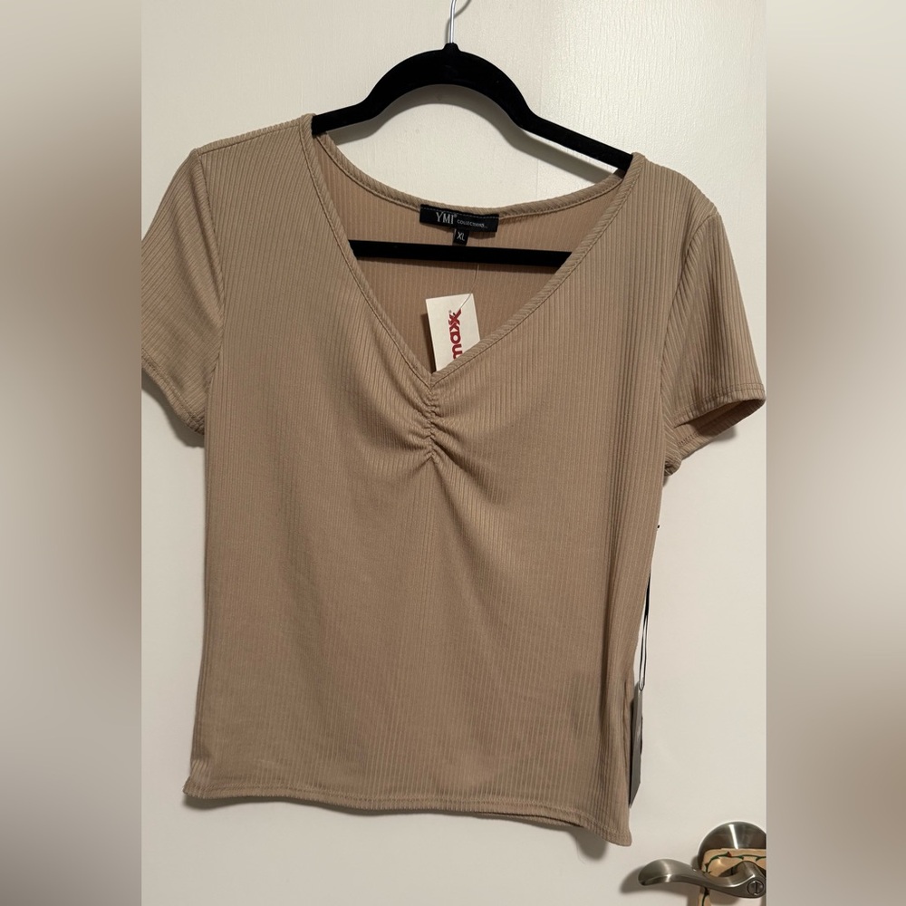 YMI Taupe Short Sleeve V-Neck Top